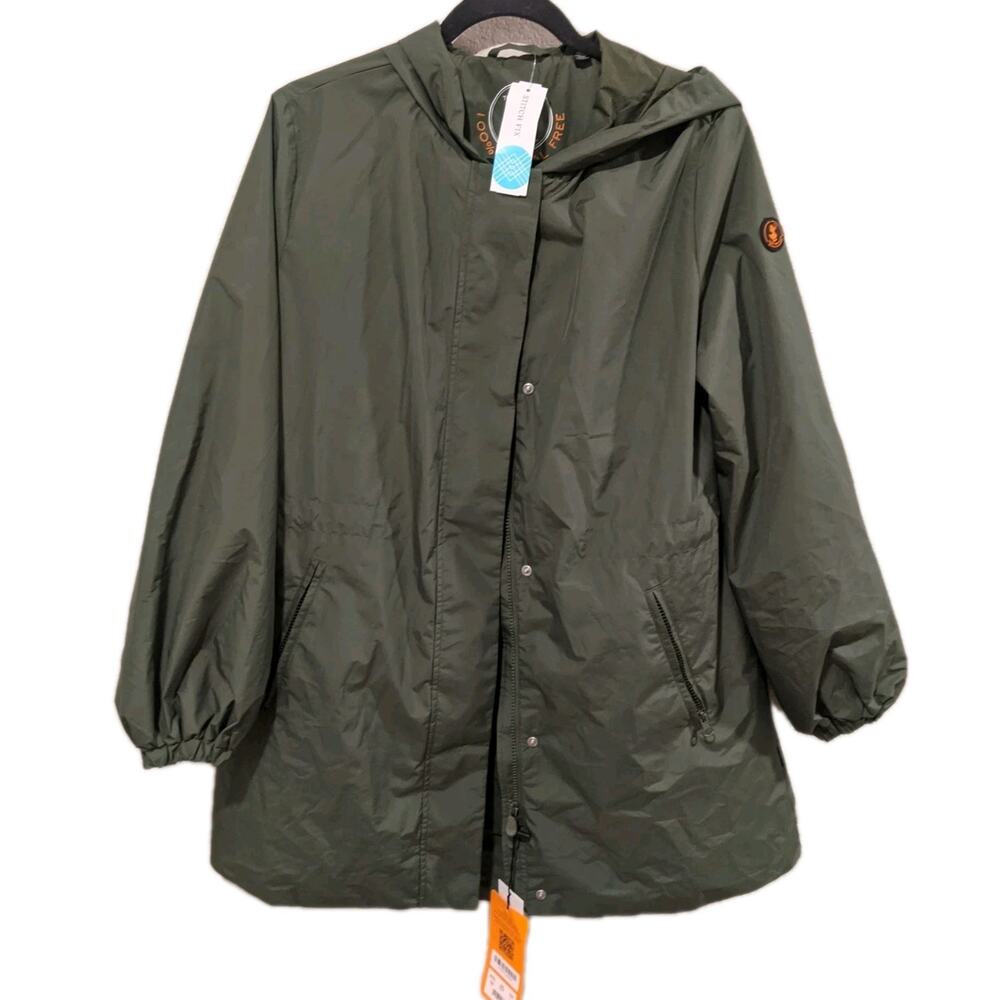 Save The Duck FLEUR Hooded Rain Coat Olive Water Repellent Wind Sz M